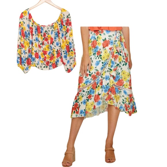 Lost + Wander Floral Print Wrap Skirt And Puff Sleeve Blouse Set NWT - Picture 1 of 16